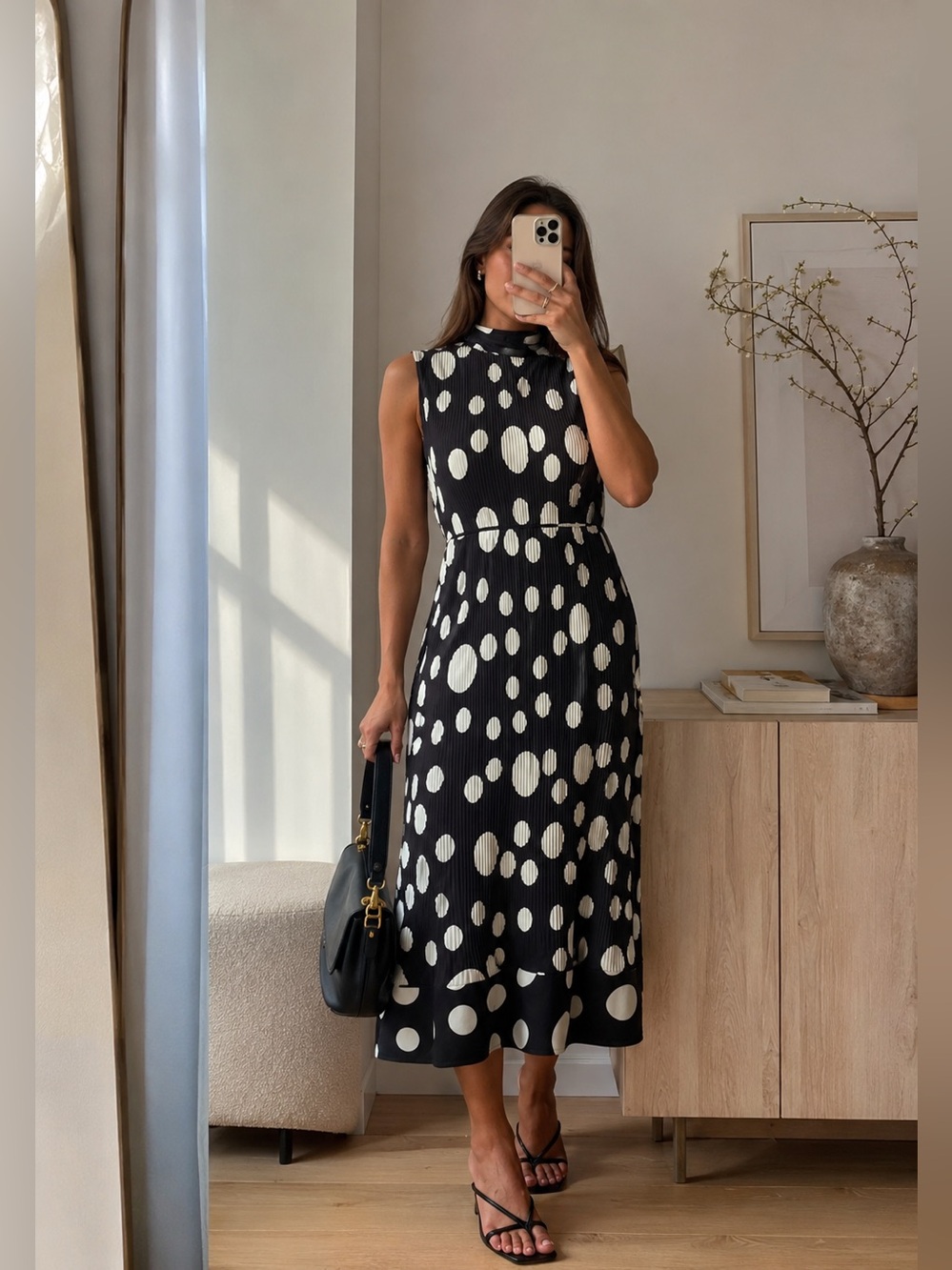 Milly Contemporary Pleated Polka Dot Midi Dress Black White Size US 4 NWT